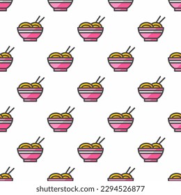 Vivid square tile displaying a captivating food rendering. Seamless pattern with noodles on ceil background. Design for signs to grab attention.