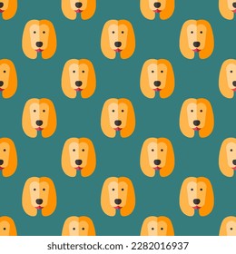 Vivid square tile with a playful animal design. Seamless pattern with dog on celadon green background. Design for a set of posters with animal designs.