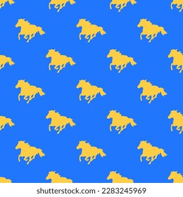 Vivid square tile with a playful animal design. Seamless pattern with running horse facing the left direction silhouette on blue (crayola) background. Design for infographics with pictures of mammals.