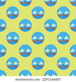 Vivid square tile with a playful food design. Seamless pattern with buffet on hansa yellow background. Design for websites to make them look modern, professional, and eye-catching.