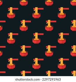 Vivid square tile with a playful food design. Seamless pattern with ramen on aureolin background. Design for a bacteria-resistant wrap for kebabs.