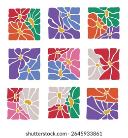 Vivid square tiles displaying vintage floral motifs, collection of decorative abstract flowers with bright color palette