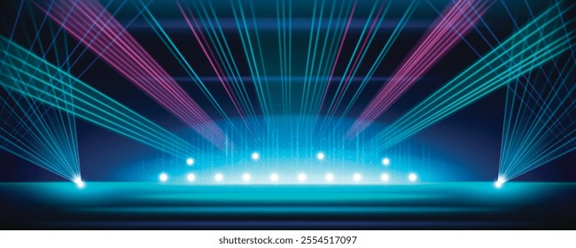 Vivid stage with colorful laser crossing beams. Bright blue and pink lights, glowing points, smoke and smooth gradients. Concerts, events or entertainment themes energy, technology and spectacle.