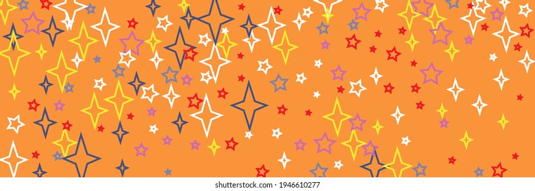 Vivid Stars Colorful Holiday Santa Vibrant New Year Stars Pattern. Bright Blue Chaotic Yellow Christmas Red Sky Background. Orange White Multicolor Horizontal Violet Print Green Background.