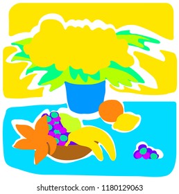 Vivid still life with yellow flowers and grapes in fruit bowl vector graphics