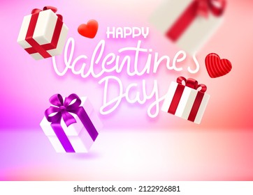 Vivid studio with heart shape and lettering inscription. Happy Valentines Day. Vector 3d illustration with copy space