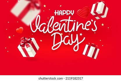 Vivid studio with hearts, gift boxes, confetti and lettering inscription. Happy Valentines Day. Vector 3d illustration with copy space
