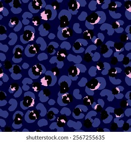 Vivid stylish leopard inspired seamless pattern with bold black blue spots, organic shapes on a navy background. Abstract creative print for fashion design, modern decor, artistic branding projects.