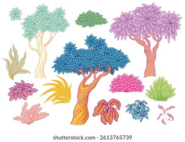 Vivid stylized trees and plants in graphic style. Vector