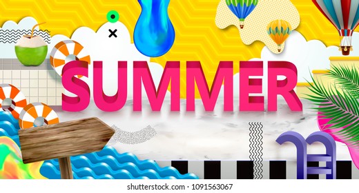 Vivid summer poster with paper art scene