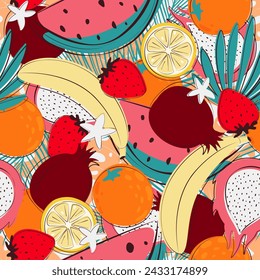 vivid summer seamless pattern with exotic fruits