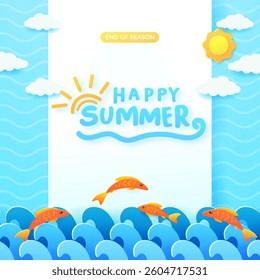 Vivid summer themed artwork with cheerful fish swimming amongst waves, surrounded by blue skies, radiant sunshine, and clouds and scenic warmth for the end of summer season.