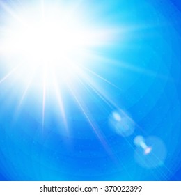 Vivid Sunburst with radiating rays in a clear blue sky with sun flare in square format, vector illustration.