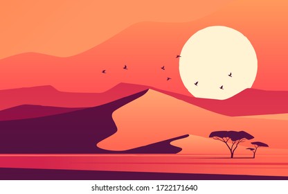 Vivid sunset over the african desert dunes. Vector illustration.