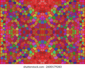 A vivid, symmetrical mosaic with red-dominated geometric patterns, creating a stained-glass effect. The intricate, colorful design resembles a kaleidoscope.


