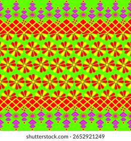 A vivid tribal-inspired seamless design featuring horizontal bands of geometric patterns, including stylized floral rows, diamond lattice grids, and arrow-like tree motifs in purple, red, and yellow
