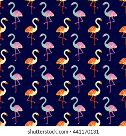 Vivid tropical, exotic hawaiian seamless pattern with bright flamingo birds in vector. Vector flamingo background design. Colorful abstract background with ornamental texture pattern. Funky bird style