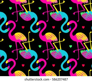 Vivid Tropical, Exotic Hawaiian Seamless Pattern With Bright Flamingo Birds In Vector. Vector Flamingo Background Design. Funky Bird Style