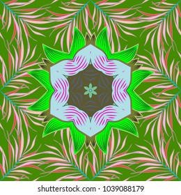 Vivid tropical flowers and leaves on green, neutral and orange background. Seamless. Tropic plant. Vector flat illustration.