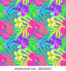 Vivid tropical flowers and leaves vector seamless pattern tile