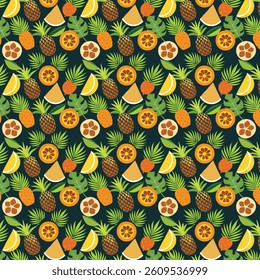 Vivid Tropical Fruits and Leaves Pattern on Bold Dark Background