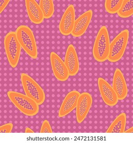 Vivid tropical seamless pattern with orange papaya on lilac polka dot background 