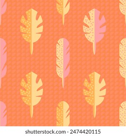 Vivid tropical seamless pattern in orange and yellow shades on a dotted background