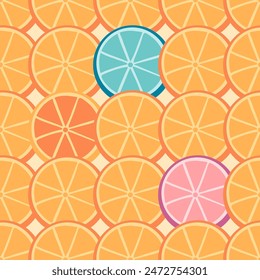 Vivid tropical seamless pattern with stylized orange, grapefruit and lime slices in orange, pink and turquoise colors