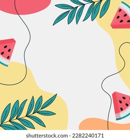 vivid tropical vector background with watermelon pieces and green leaves