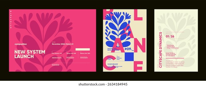 Vivid typographic design posters with floral overlays, expressive layouts, and pink-blue palettes for futuristic editorial presentation themes.