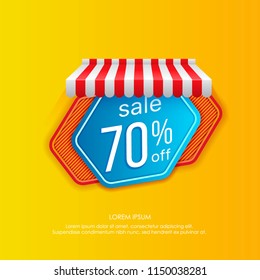 Vivid vector element of hexagon shape under striped tent showing sale in 70% off on vivid yellow background
