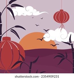 vivid vector illustration with chineese landscape 