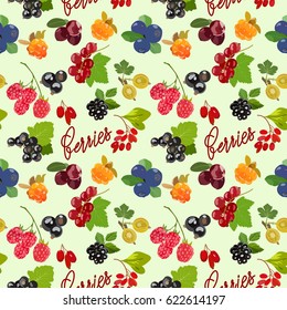 Vivid vector illustration with colorful forest and house berries and inscription. Suitable for packaging paper food products, textiles.