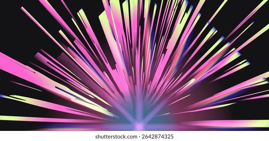 Vivid vector illustration in a contemporary neon design, featuring pink, black, and blue radial burst lines. Popular cyberpunk style with energetic shapes and high-contrast bright colors.