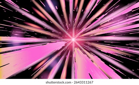 Vivid vector illustration in a contemporary neon design, featuring pink radial burst lines. Popular cyberpunk style with energetic shapes and high-contrast bright colors.