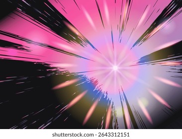 Vivid vector illustration in a contemporary neon design, featuring pink, black, and blue radial burst lines. Popular cyberpunk style with energetic shapes and high-contrast bright colors.