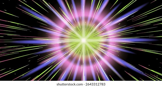 Ilustração de vetor vívido em um design de néon contemporâneo, apresentando linhas radiais de cor rosa, verde, preta e azul. Estilo cyberpunk popular com formas energéticas e cores brilhantes de alto contraste.