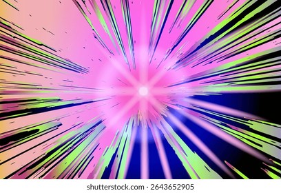 Vivid vector illustration in a contemporary neon design, featuring pink, green, black, and blue radial burst lines. Popular cyberpunk style with energetic shapes and high-contrast bright colors.