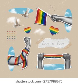 A vivid Vector illustration depicting unity and love through colorful pride imagery and empowering symbols.