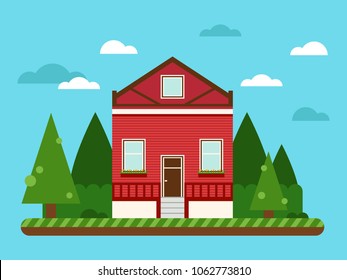 Vivid vector illustration in a flat style. A tall red house in the woods