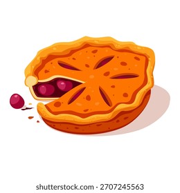 Eine lebendige Vektorgrafik eines frisch gebackenen Kirschkuchens mit goldener Kruste, mit einer ausgeschnittenen Scheibe, in der saftige rote Kirschen sichtbar sind. Perfekt für Food-Blogs, Menüs oder Dessert-Aktionen