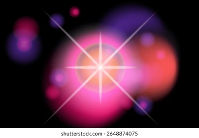 Vivid vector illustration of a glowing burst with spiked rays, in modern digital and neon style. Features yellow, blue, pink, purple colors with soft circles and bright star shapes.