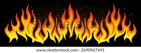 Vivid vector illustration of orange and yellow flames forming a seamless border on a dark background, featuring smooth gradients and glowing edges that convey heat, energy, and dramatic intensity