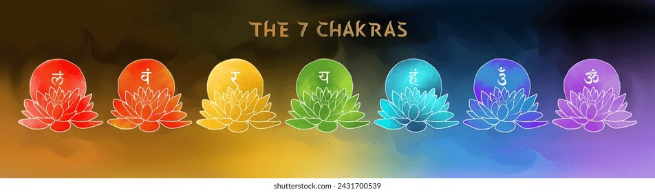 Vivid vector illustration of seven chakra symbols, perfect for horizontal poster or decoration. Gradient abstract rainbow background complements lotus silhouette, symbolizing devotion to each chakra.