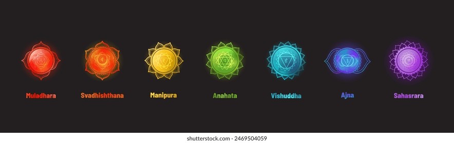 A vivid vector illustration of the seven chakras set on a bold dark background, depicted as colorful circular symbols with Sanskrit names, associated with the body energy centers.