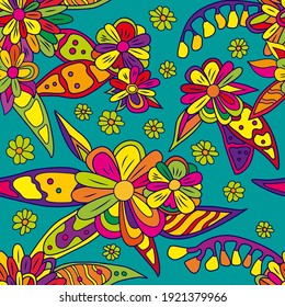 vivid vector seamless pattern, colorful fantasy flowers and leaves, multicolored backdrop