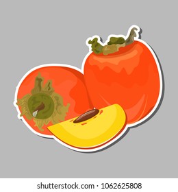 Vivid vector sticker from colorful half, slice and all juicy persimmon. Fresh persimmon cartoon isolated on white background. Logo of juice or Jam.