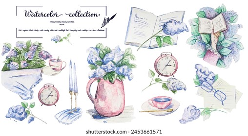 Vivid Vector Watercolor Illustration: Lilac Blooms, Reading Books, Candles, Table Clocks