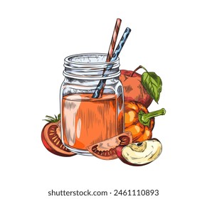 Vivid vegetable smoothie in a mason jar vector illustration, surrounded by fresh ingredients like tomato, bell pepper, and mushroom, for a healthy diet concept.