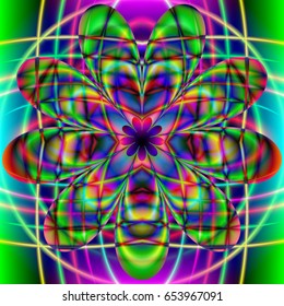 vivid and vibrant abstract background with glowing iridescent flower in the middle. vector illustration